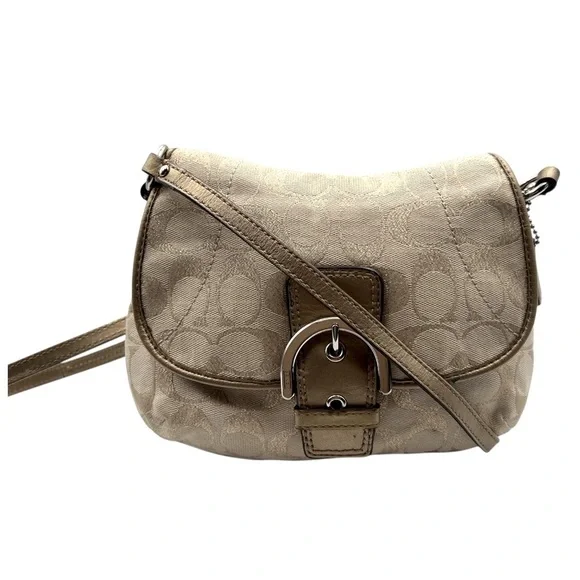Coach Metallic Gold Beige Signature Jacquard Small Crossbody Bag Purse Buckle - Picture 1 of 7